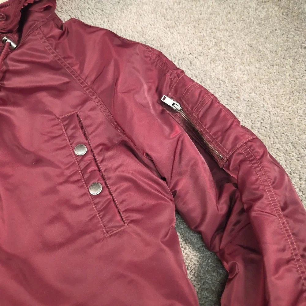 American Eagle Parka Coat Womens S Burgundy Long Faux Sherpa Fur Hood Utility